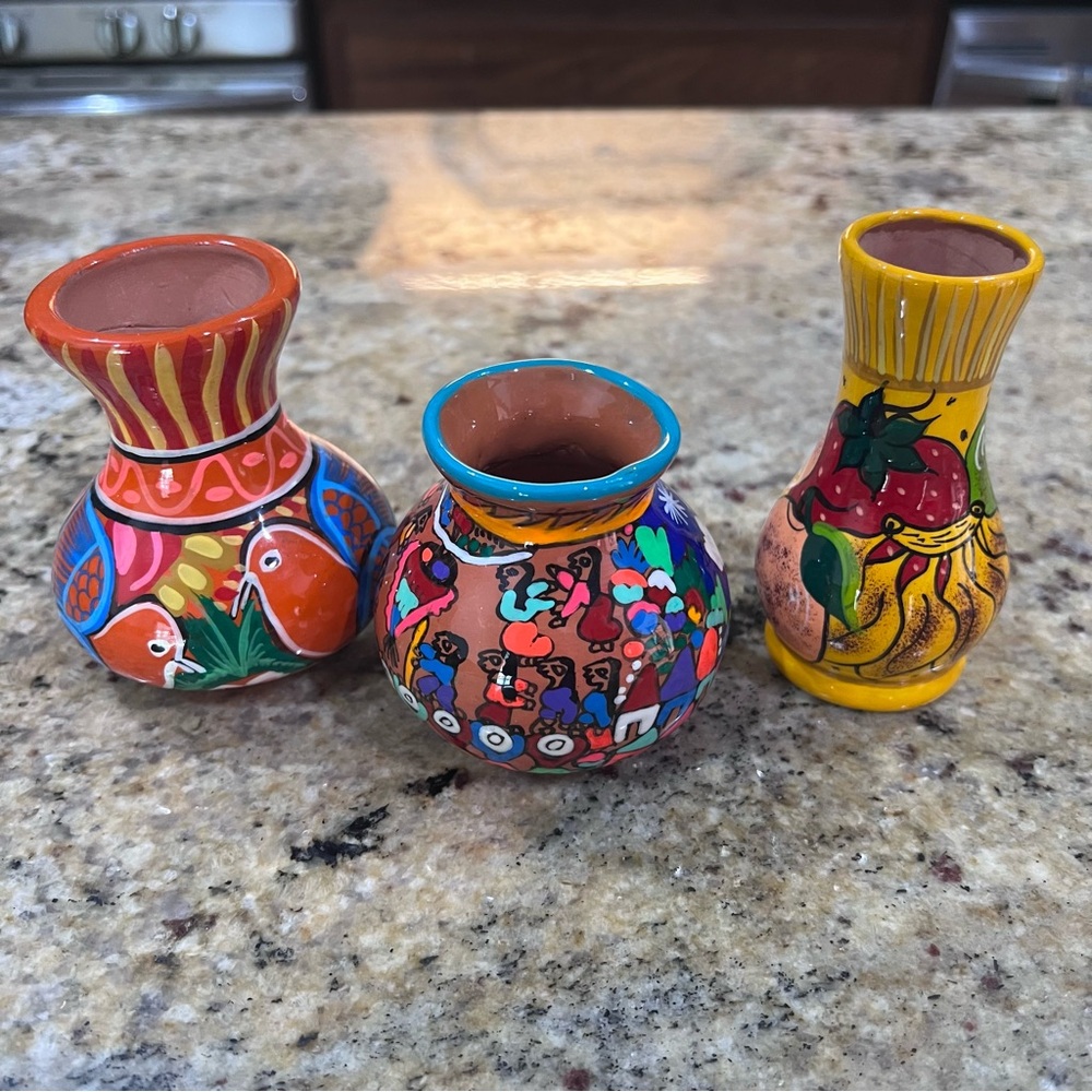 3 Unique Hand Painted Neon Mexican Vases